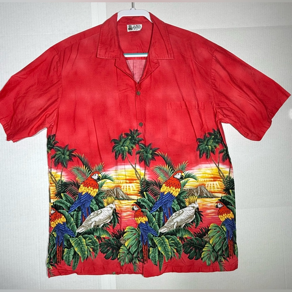 Aloha Republic Hawaiian Button Down Shirt Men's Size Large Parrot And Beach